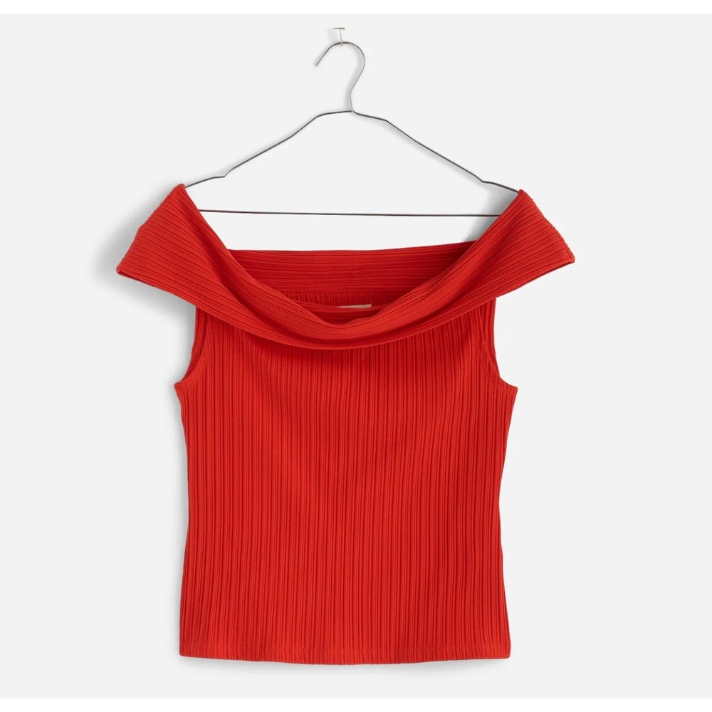 Madewell Top Women XL Red Off-the-Shoulder Ribbed Foldover Neck Cotton Blend NWT